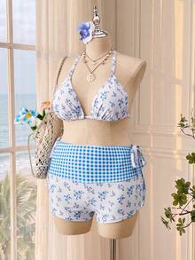 Swim Mod Plus Size Women's Summer Beach Vacation Floral Halter Bikini Set With Cover-Up And Shorts - Multicolor - View 7