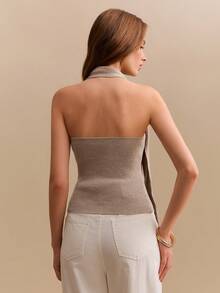 CielaLinda Women's Halter Knit Top With Metal Decor, Scarf Neck Sleeveless Top - Camel - View 2