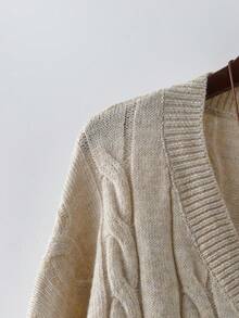 Linhara Plus Size V-Neck Cable Knit Long Sleeve Pullover Sweater And Pants Casual Set - Apricot - View 4