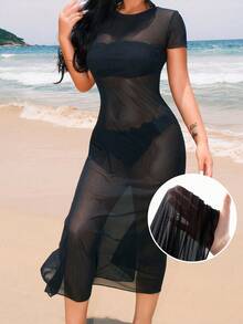 Swim Vcay Summer Beach Solid Sheer Mesh Cover Up Dress Without Bikini - Black - View 3
