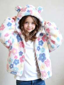 SHEIN Playful Pals 女童秋冬休閒卡其色豹紋毛絨拉鍊連帽外套，附提花細節 - 白色 - 查看 2