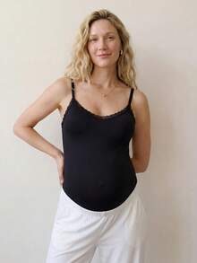 Modmama Maternity Solid Color Lace Patchwork Slim Fit Jumpsuit - Black - View 2