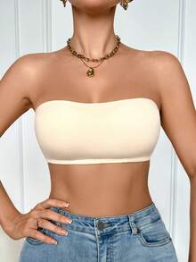 SHEIN Minimalist Solid Color Wireless Padded Bandeau Bra - Apricot - View 4
