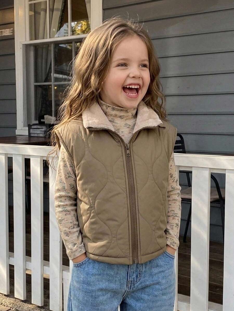 Hapijoa Young Girl Fashion Versatile Zipper Cotton Padded Vest Jacket Fall - Army Green - View 1