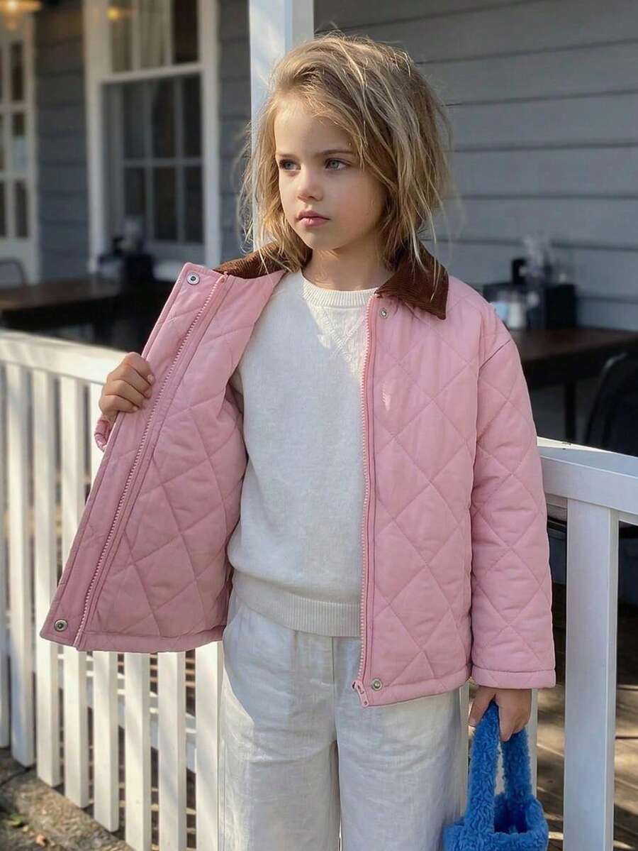 Hapijoa Young Girl Solid Color Zipper Casual Versatile Winter Padded Coat - Baby Pink - View 1