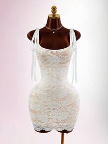 Amplova Abito mini elegante da donna senza maniche con nodo sulle spalle e pizzo floreale - Bianco - Visualizzare 3