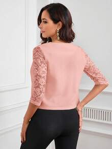 SHEIN Clasi 女款蕾絲拼接休閒百搭日常夾克 - 粉色 - 查看 2