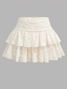 SHEIN Girlism Kids Tween Girls Solid White Textured Knit Cute Ruffle Layered Built-In Shorts Mini Skirt, Y2K Cute Sequin Fashion, Back To School Vacation Autumn - White - View 3