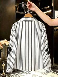 SHEIN 女童黑白條紋長袖襯衫，經典領口配黑色鈕扣前襟，秋季休閒款 - 黑與白 - 查看 2
