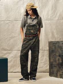 Norleigh Men's Casual Cargo Camo Bib Overalls With Multiple Pockets, Street Style Camo Overalls Men, Army Green, Button, Drawstring, Denim, Loose Fit - Army Green - View 9