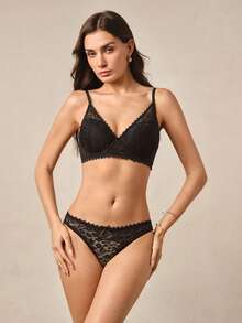Hourtrue 2pcs Comfortable, Soft, Lace & Sexy Women's Bra Set With Adjustable Straps, Daily Wear - Black - View 3