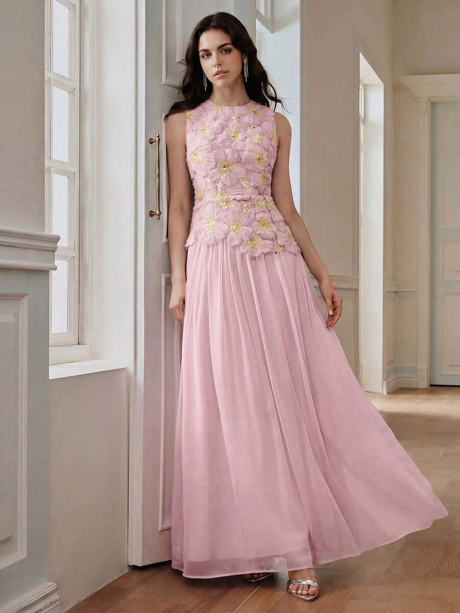 Anewsta Robe longue élégante et raffinée pour femme, style fête de la Saint-Valentin printemps/été, sans manches, col rond, taille cintrée, avec broderie florale et patchwork, pour soirée - Rose pâle - Voir 1