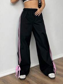 SHEIN EZwear 秋季休闲黑色撞色侧条纹织带工装裤 - 黑色 - 查看 5
