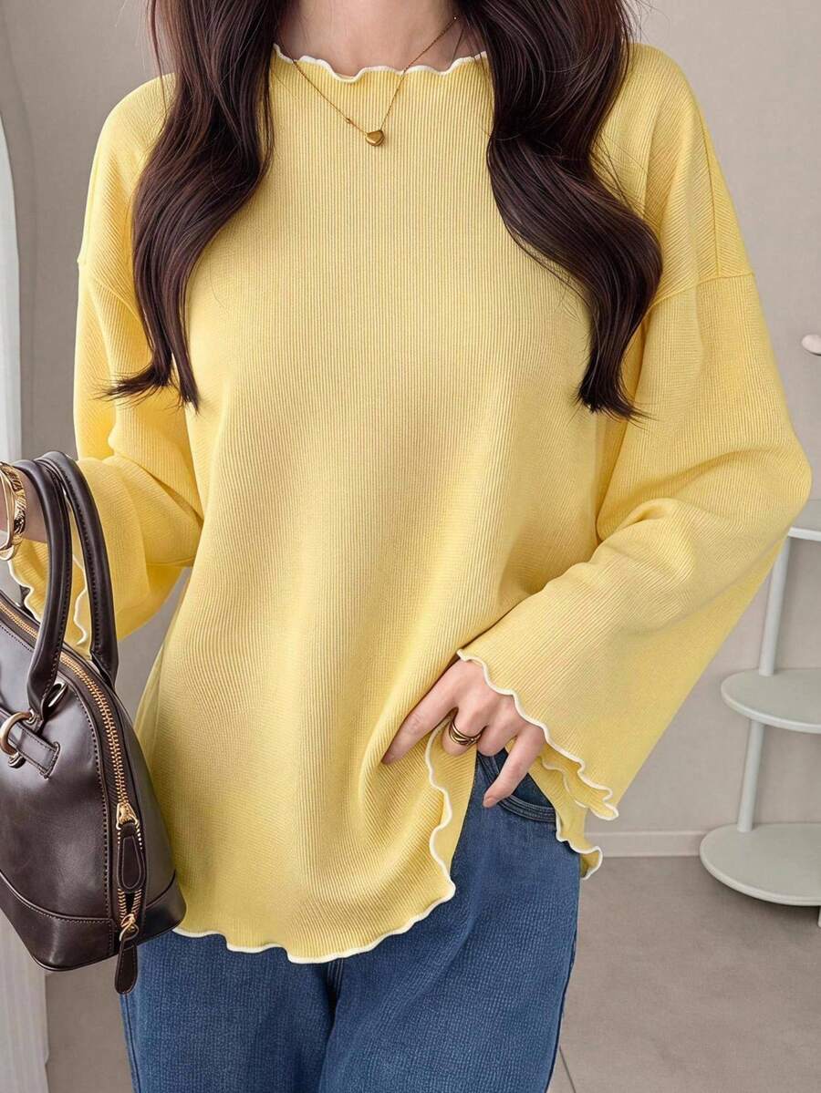 FRIFUL Women's Wavy Ruffle Trim Striped Loose Colorblock Short Sleeve T-Shirt, Summer Casual Top For Women - Yellow - View 1