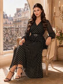 SHEIN Lady CURVE 大尺碼優雅黑白波點長洋裝，長袖抓皺法式商務休閒風，適合秋季茶會、婚禮賓客、度假 - 黑與白 - 查看 4