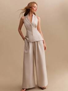CielaLinda Women's Sleeveless Blazer Vest And Pants Set, Minimalist Old Money Style Suit - Apricot - View 1