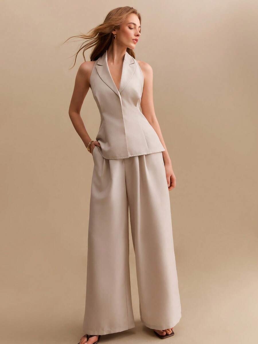 CielaLinda Women's Sleeveless Blazer Vest And Pants Set, Minimalist Old Money Style Suit - Apricot - View 1
