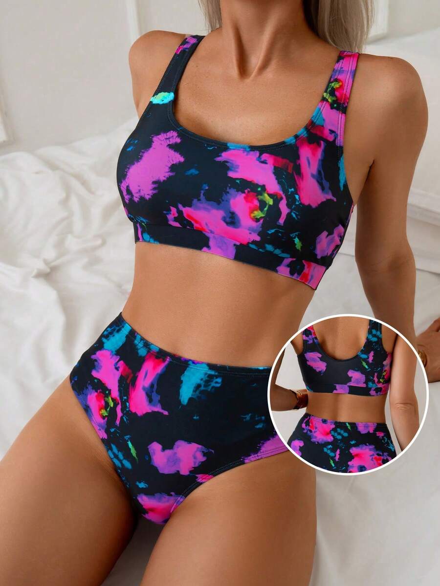 Swim Lushoire 2 件套女士扎染随机印花圆领无袖上衣和高腰三角裤,休闲简约海滩度假背心和比基尼 - 彩色 - 查看 1