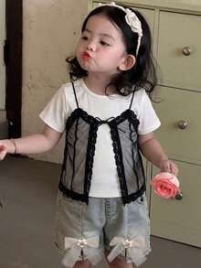 Dazy Kids 女童秋季服飾 2合1蕾絲拼接圓領短袖T恤 - 黑與白 - 查看 3