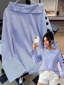 GlowEve CURVE Plus Size Women Stand Collar Striped Long Sleeve Shirt, Suitable For Commuting And Outings Blue And White Striped Shirt Striped Button Up Fall - Blue - View 8