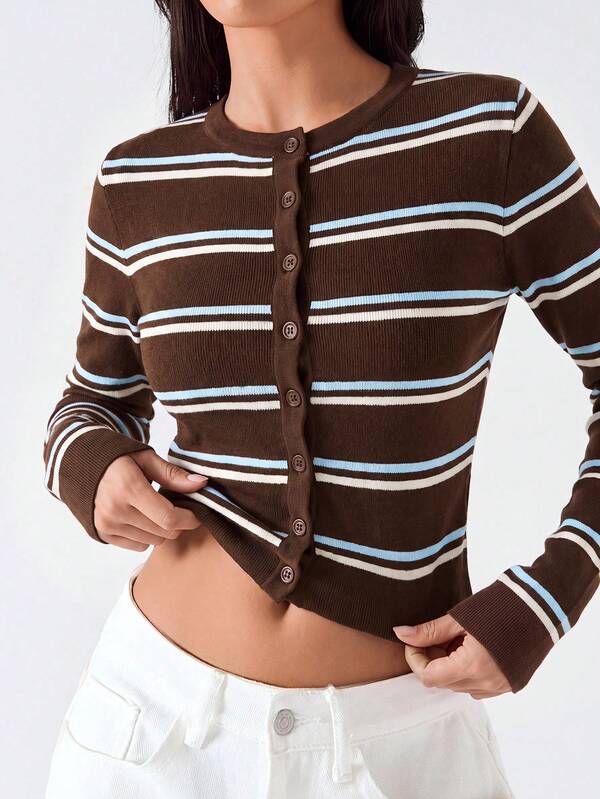 LYSMO Women's Brown Striped Long Sleeve Single-Breasted Casual Thin Cardigan Back-To-School School Autumn