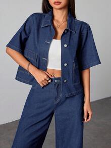 SHEIN 青少年女孩短袖單排扣工裝口袋牛仔夾克 - 深色水洗藍 - 查看 3