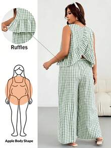 Shapeblank Plus Size Summer Casual Plaid Ruffle Tank Top & Pants 2 Pieces Set - Green - View 1