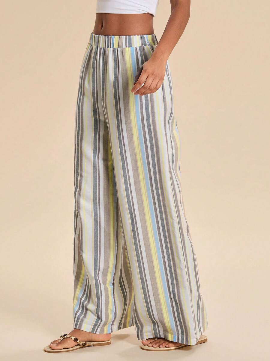 Travachic Vacation Casual Striped Wide Leg Long Pants - Blue - View 1