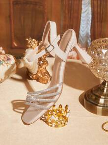CUCCOO TILAWA Sandalias de tacón alto elegantes con punta cuadrada y decoración de strass para mujer, color albaricoque arroz, zapatos de primavera y verano - Arroz albaricoque - Ver 3