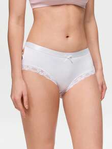 Bonmuse 1pc Women Lace Trim Bow Decor Solid Color Panty - White - View 6