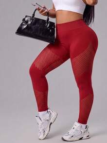 SHEIN Rhythm Era 大尺碼休閒度假風網格拼接修身運動緊身褲 - 酒紅色 - 查看 3