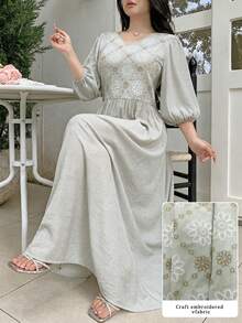 Modelyn 女款法式風格綠色V領刺繡亞麻花瓣袖寬鬆版型九分袖優雅洋裝 - 綠色 - 查看 4