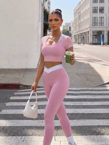 Zolique Women's Colorblock Asymmetric Waist Casual Sports Leggings - Pink - View 9