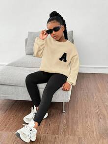 SHEIN Leap Crew Tween Girls Loose Casual Letter Patch Dropped Shoulder Round Neck Hoodie And Slim Fit Pants Set - Apricot - View 1