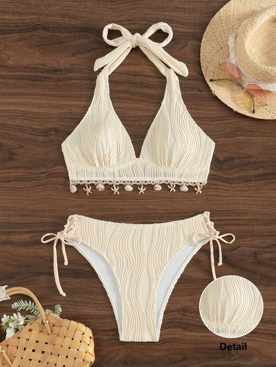 Swim Vcay 2件組女款夏季度假海灘杏色花卉印花下擺貝殼裝飾掛脖上衣與V型三角比基尼泳褲泳裝 - 杏色 - 查看 1