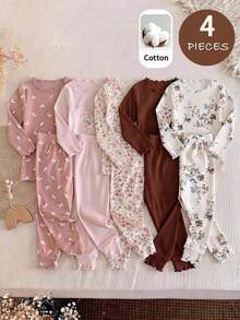 SHEIN Baby Girl Cute Floral Pattern Ruffle Round Neck Long Sleeve Pants Soft Comfortable Skin-Friendly Home Sleepwear Set 4pcs,4 Sets, 2 Sets Randomly Sent - Multicolor - View 1