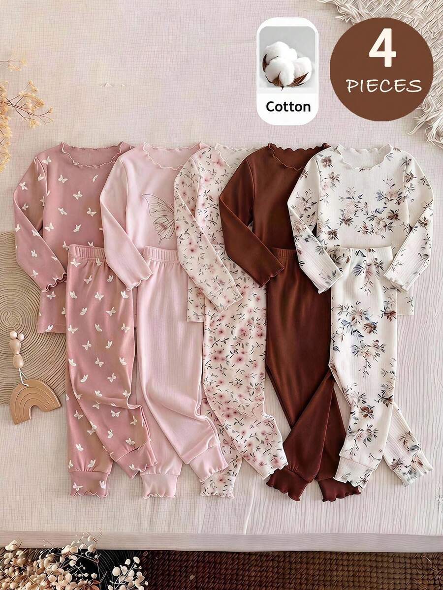 SHEIN Baby Girl Cute Floral Pattern Ruffle Round Neck Long Sleeve Pants Soft Comfortable Skin-Friendly Home Sleepwear Set 4pcs,4 Sets, 2 Sets Randomly Sent - Multicolor - View 1