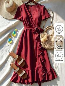 EMERY ROSE Standard Size Women's Ruffle Cross V-Neck Fitted Midi Dress, Elegant Vacation Style - Red - View 5