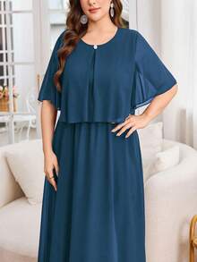 Modelyn Gaun Pesta Wanita Model Longgar dan Elegan dengan Hiasan Kancing Mutiara dan Rok Panjang Berkerut, Lengan Pendek, dan Bahan Chiffon. - Biru - View 4