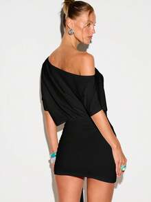 KIZN One Shoulder Mini Dress With Circular Cutout Detail, Draped T-Shirt Style, Asymmetric Hem, Party Night Out - Black - View 3