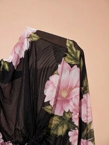 Arave 花卉印花不對稱領口透視性感修身上衣 - 黑色 - 查看 8