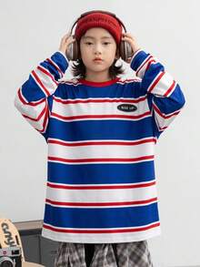 SHEIN Little Byeori 兒童青少年男孩休閒學院復古風圓領套頭長袖T恤，秋季穿搭，冬季穿搭，寬鬆條紋T恤，適合春夏秋冬，學校、家庭聚會、運動、生日派對 - 彩色 - 查看 6