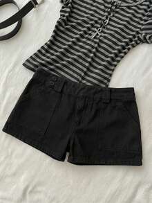 Attitoon Women's Casual Retro Ultra Low-Waist Cargo Mini Shorts, Suitable For Y2K - Black - View 6