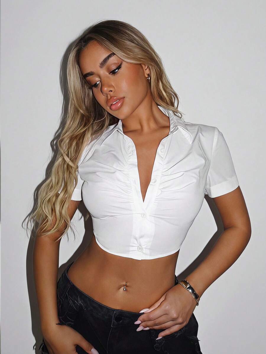 SHEIN ICON Women's Fashionable Short V-Neck Short Sleeve Shirt,Short Sleeve Tops - White - View 1