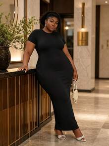 CurvyTilda Plus Size Women's Black Simple Slim Long Dress,Casual Everyday High Elastic Bodycon Autumn Fashion Basic Versatile Fall Church Clothes Elegant Summer - Black - View 2