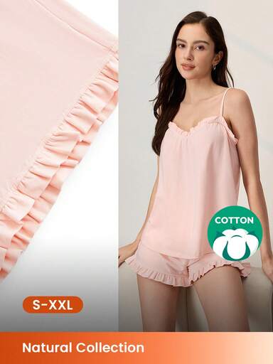 LUVLETTE Conjunto de pijama suave y sedoso de algodón para mujer - Rosa claro & con volantes, ropa de casa sedosa y acogedora, traje de noche para mujer