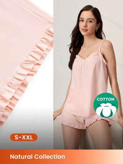 LUVLETTE Conjunto de pijama suave y sedoso de algodón para mujer - Rosa claro & con volantes, ropa de casa sedosa y acogedora, traje de noche para mujer