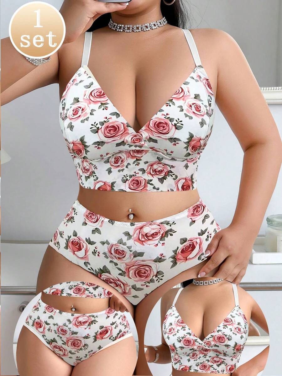 SHEIN 2件組蕾絲拼接豹紋大尺碼無鋼圈內衣 - 彩色 - 查看 1