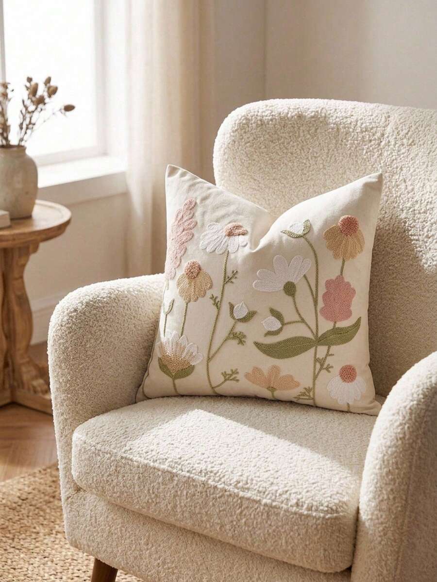 Cirelle 1pc/2pcs Boho Embroidered Throw Pillow Covers, Pastel Wildflower Botanical Cushion Case, Textured Boucle Floral Pillowcase For Sofa Couch Bedroom (No Insert) - Pink - View 1