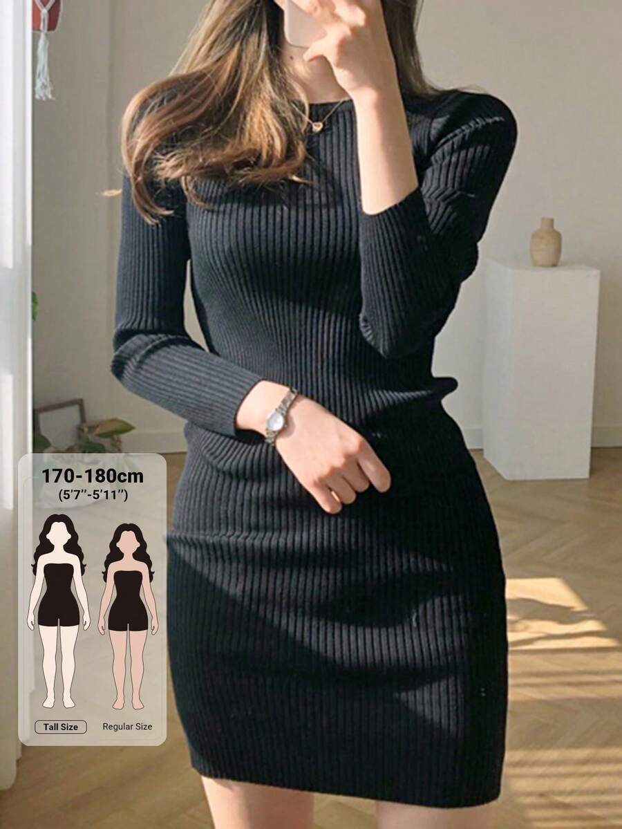 Dazy Tall Gaun Sweater Rajut Pendek Pas Badan Lengan Panjang Leher Bulat Wanita, Gaya Kasual Urban Musim Gugur - Hitam - View 1